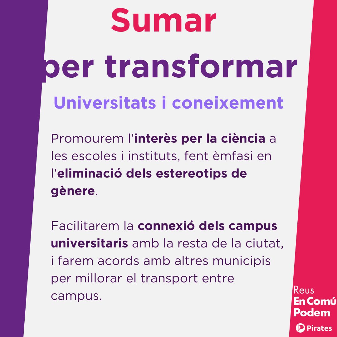encomupodemreus's tweet photo. 🎓 Les ciències i el coneixement són un altre dels motors de la nostra societat.
Volem facilitar la recerca aplicada als problemes de la ciutat i l'accés al coneixement als veïns i veïnes de Reus.
Us presentem les propostes més destacades 👇🏼

#SumarPerTransformarReus 🟣🏴‍☠️ https://t.co/uN4HnziWzY