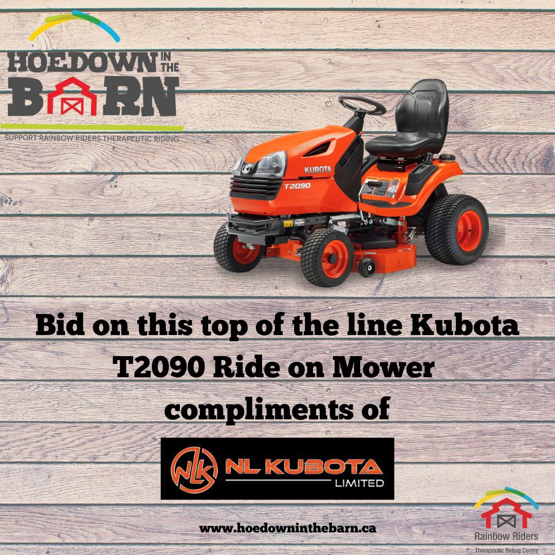 Yahoo! We are thrilled to have <a href="/NLKubota/">NL Kubota Limited</a> as a special LIVE auction sponsor! This Kubota T2090 Ride on Mower is a special addition to our LIVE auction-only available at the Hoedown!🤠 Get your tickets hoedowninthebarn.ca 
#kubota #kubota #hoedowninthebarn #lowdownonthehoedown