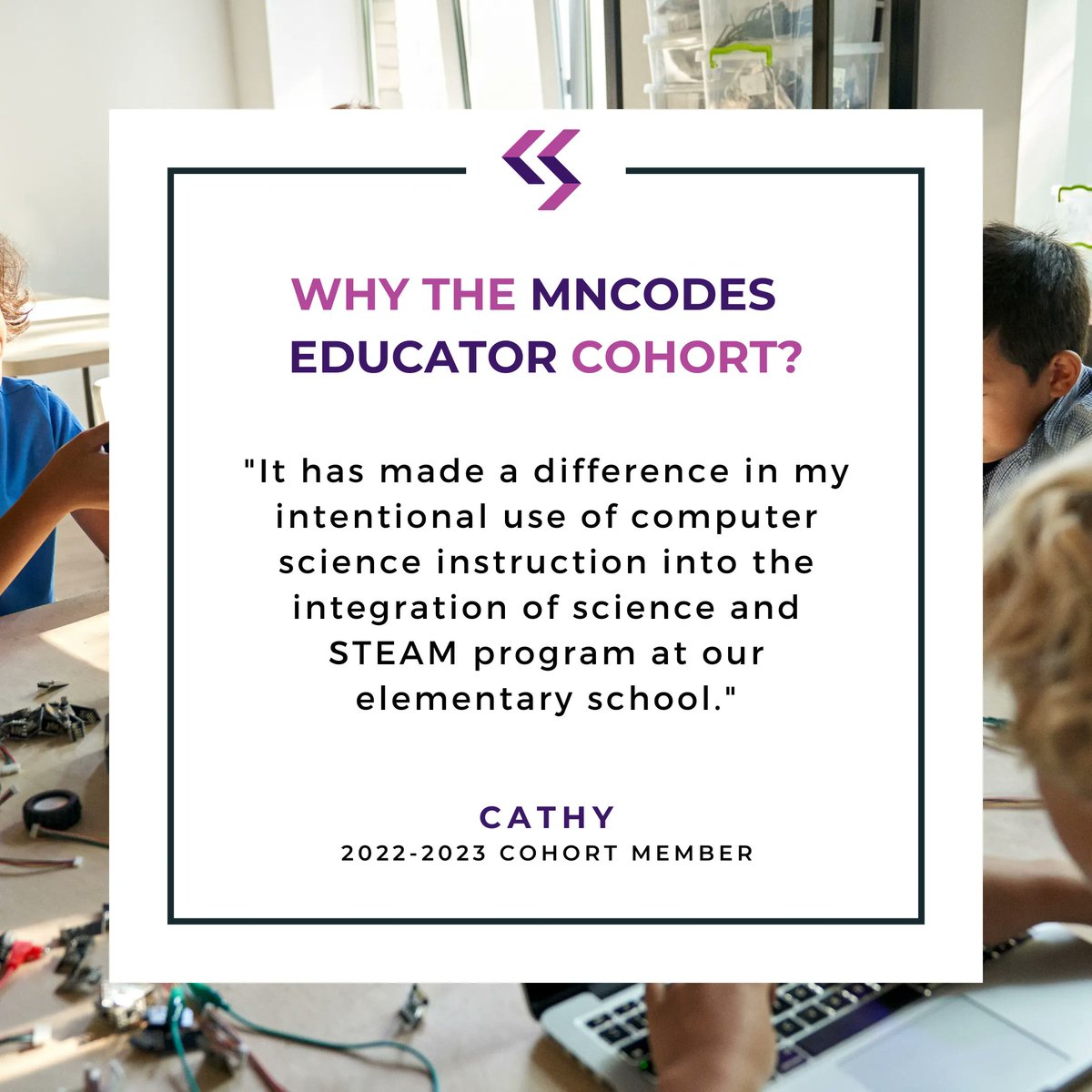🗣️✨ Check out this powerful testimonial from one of our amazing 2022-2023 cohort members. 

Join us for our 2023-2024 MNCodes Cohort! Apply today and bring new CS opportunities to your students.  👩‍💻👨‍💻

buff.ly/421eqmw 

#CSforAll #EducatorPD #CohortLearning #CodeSavvy