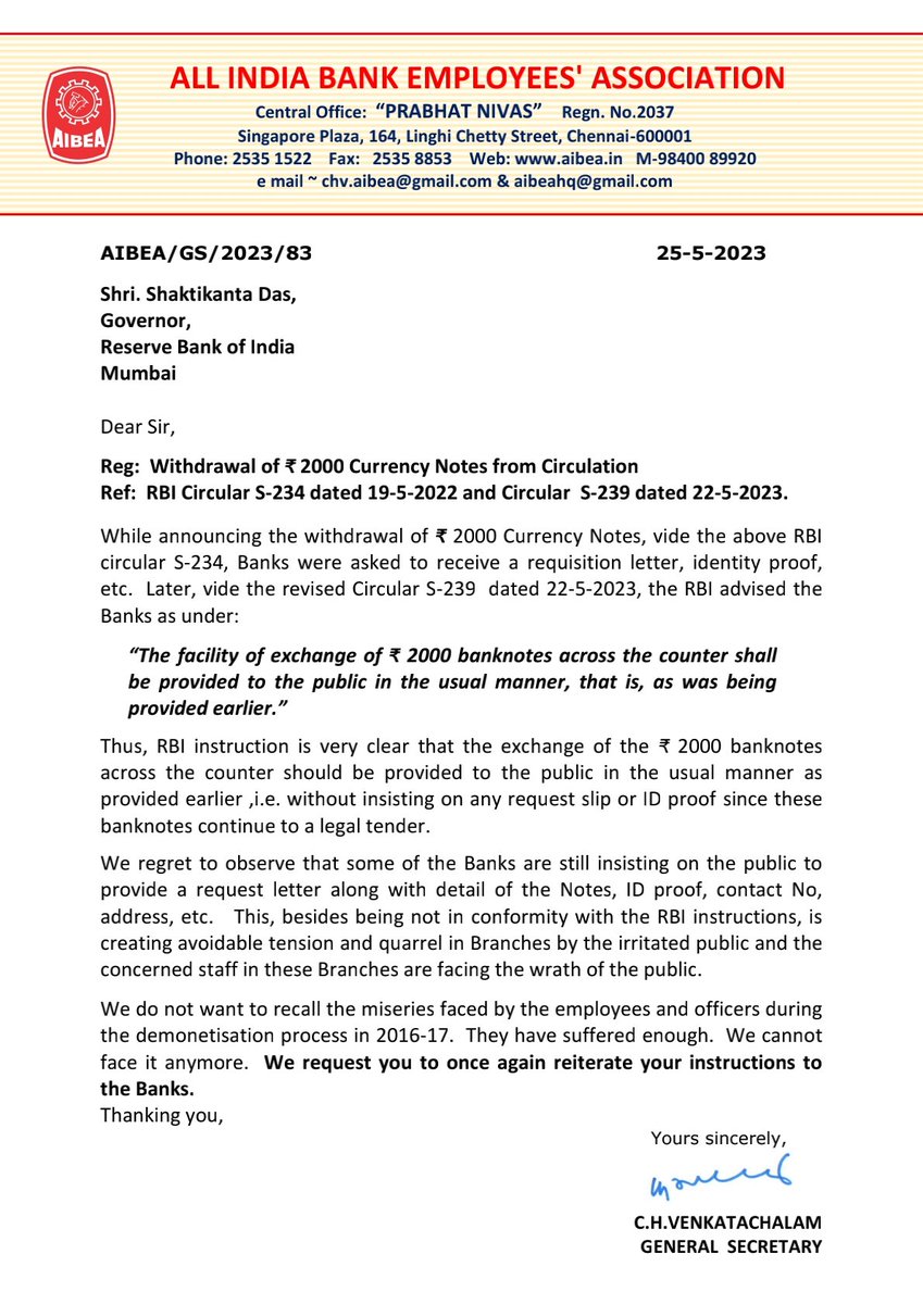 <a href="/DasShaktikanta/">Shaktikanta Das</a> 
<a href="/RBI/">ReserveBankOfIndia</a> 
Withdrawal of ₹2000 currency Notes from circulation.

-We request you to once again reiterate your instructions to 
the Banks.

#AIBEA