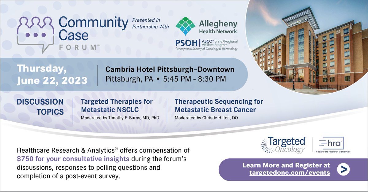 Are you seeing patients with NSCLC or Breast Cancer? Targeted Oncology's Community Case Forum is Thursday, June 22 at Cambria Hotel Pittsburgh – Downtown. Seating is limited for each moderated discussion. Learn more and register today! event.targetedonc.com/CCF-Pittsburgh…