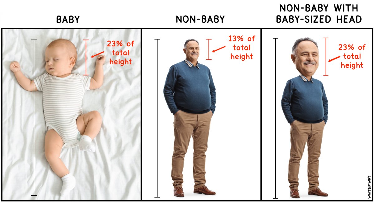 I made this to illustrate that babies have giant heads, but after getting used to the baby-sized headed guy on the right, the normal guy in the middle suddenly looked like he had a TINY head. It was a horrible epiphany: baby heads are normal and we all have tiny heads.
