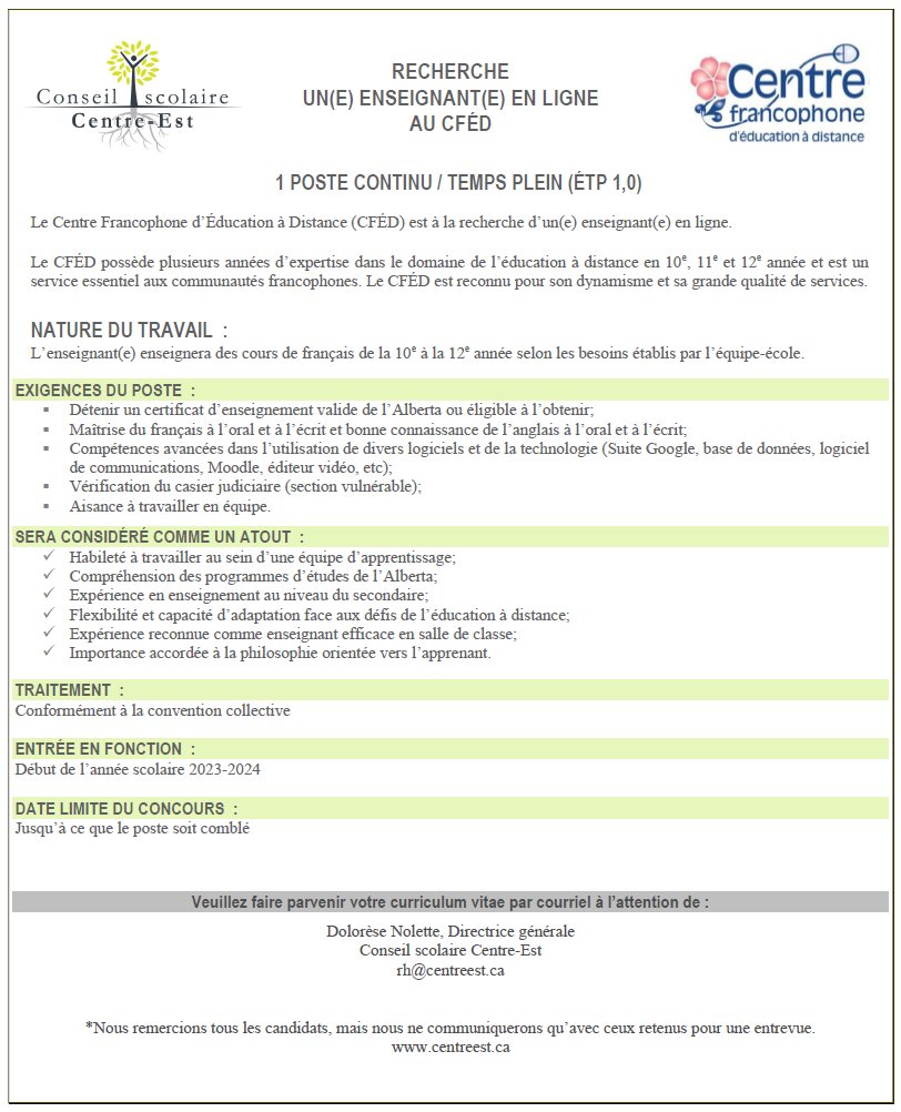 Attention! Nous sommes à la recherche d'un(e) enseignant(e) de français pour l'année scolaire 2023-2024. #Emploi #enseignement #enligne
<a href="/CsceI/">CSCE-Infos</a> <a href="/CSCNInfo/">CSCN</a> <a href="/CSNO/">INFO-CSNO</a> <a href="/CSFrancoSud/">FrancoSud</a> <a href="/FCSFA3/">FCSFA</a> <a href="/Unite_24/">AEEFA</a> <a href="/FPFAlberta/">FPFA</a>