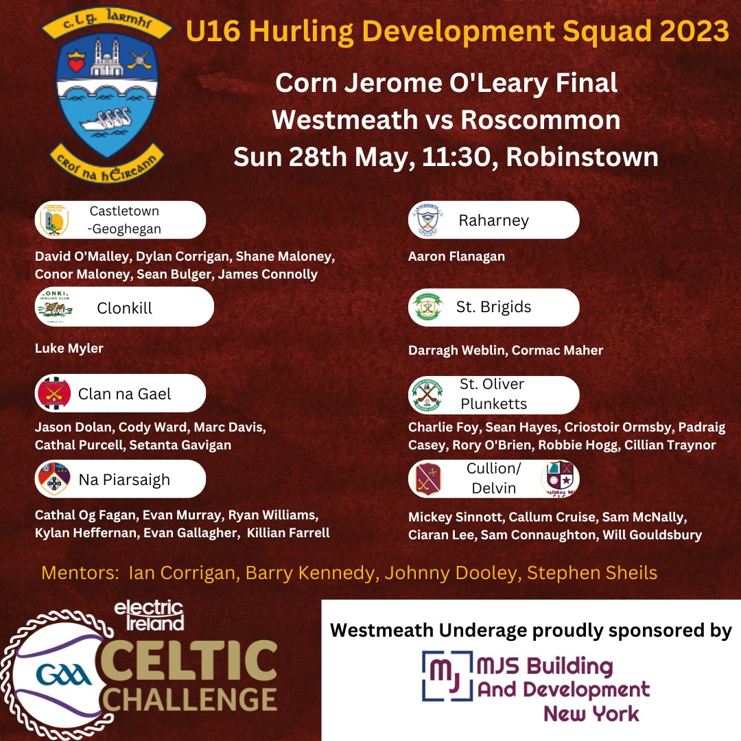 Our Under 16 hurlers are in the Corn Jerome O'Leary Final of the Celtic Challenge this Sunday in Robinstown at 11:30AM against Roscommon. Best wishes to all players and management!!!! #iarmhiabu #westmeathgaa #maroonandwhitearmy