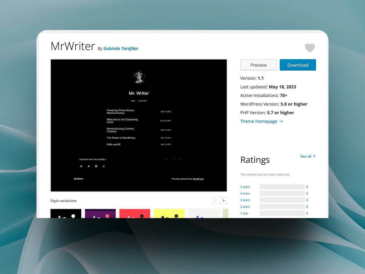 Gtarafdarr's tweet image. It seems really amazing; MrWriter's active installation number is increasing daily; now it's 70+, which means 70+ website uses my theme. 😍
Try the live demo from here - tastewp.com/template/mrwri…
Or download it from here - wordpress.org/themes/mrwrite…
#FSEtheme, #WordPress, #BlockEditor