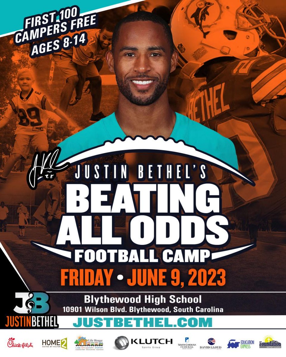 📣 Join the ultimate football experience for kids at the Justin Bethel Beating All Odds 🏈 camp on June 9th. Learn from NFL pros, develop skills, and have a blast! First 100 campers free, ages 8-14. @Jbet26 @JMMartin59 @1ProudBengal @thevoice_paper