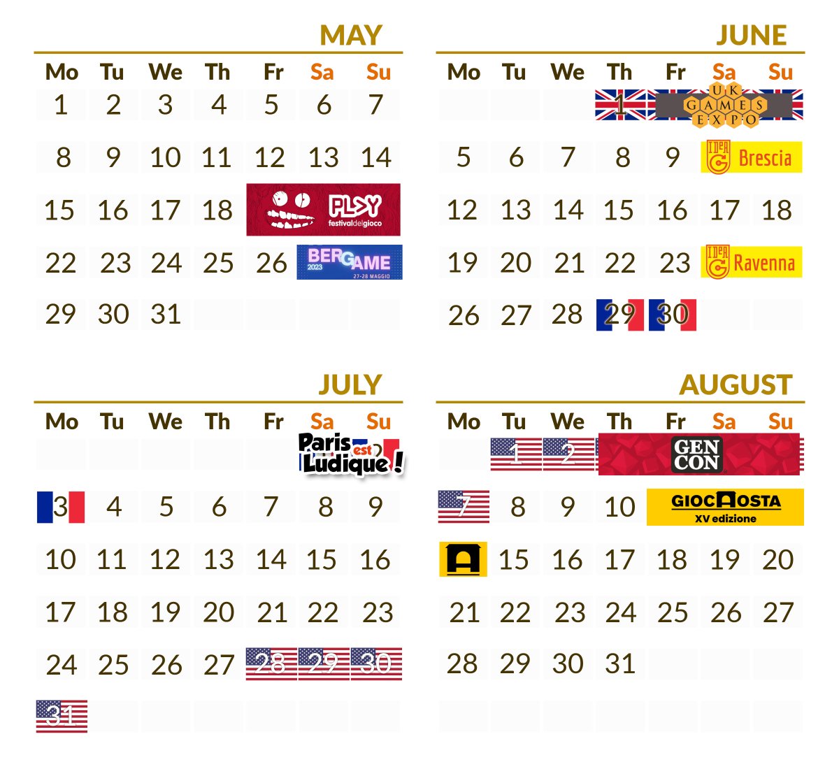 flopiano's tweet photo. I have a busy summer ahead, with plenty of board gaming events to attend.

Let me know if you are at one of these and want to playtest a game or simply say hello! https://t.co/lS9YViaDCu