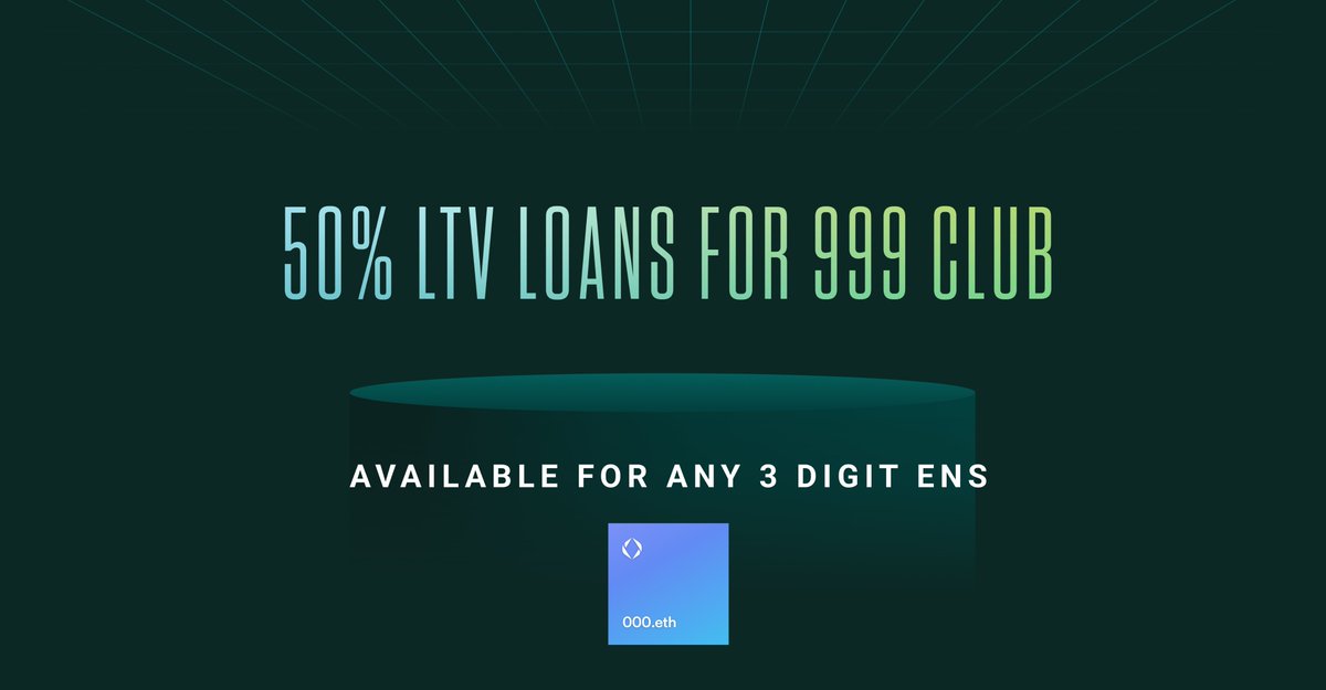 Use your 3 digit ENS domain to get a loan 📈

✨ No early liquidation (zero chance)
✨ Total loan based on digit rarity 
✨ 5 eth for floor digit
*Current floor prices from <a href="/ensvision/">Vision.eth</a>