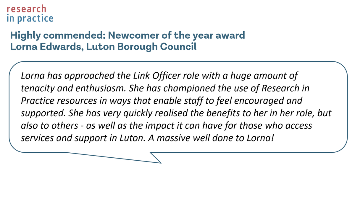 researchIP's tweet photo. Lorna Edwards of @lutoncouncil is highly commended for her excellent work in the newcomer of the year category of the Research in Practice Link Officer of the year awards #LOAM23 https://t.co/ewYFZTDhCA