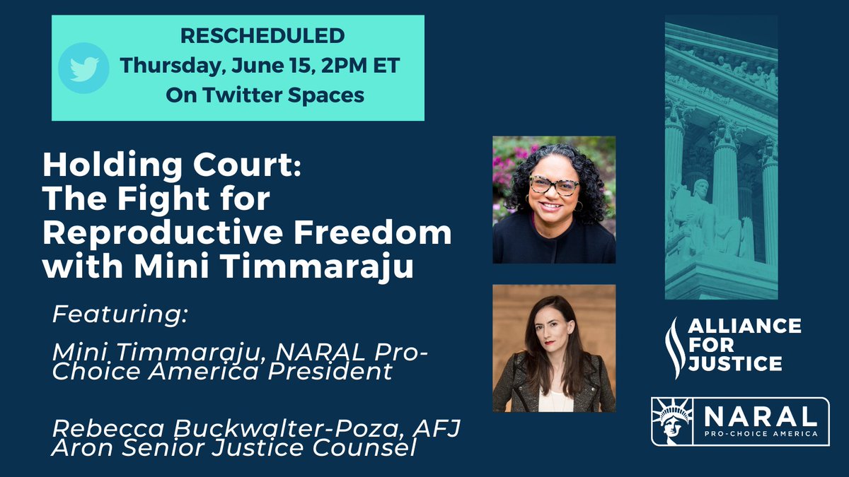 RESCHEDULED: June 15 at 2ET, join @NARAL's @mintimm and our @rpbp as they discuss how the reproductive rights movement is responding to attacks on abortion access & reproductive health care.

Set a reminder to attend (previous reminders will transfer): twitter.com/i/spaces/1Yqxo…