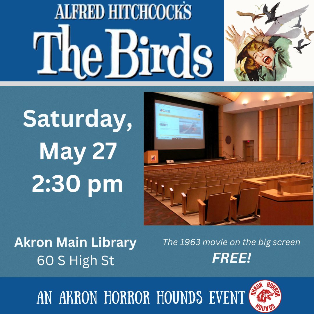 AKHorrorHounds's tweet photo. After shopping at the Halfway to Halloween Flea market in Medina, be sure to make your way to Akron’s Main Library for a FREE showing of Alfred Hitchcock’s The Birds in their 400 seat auditorium https://t.co/qcJO0dpvRT