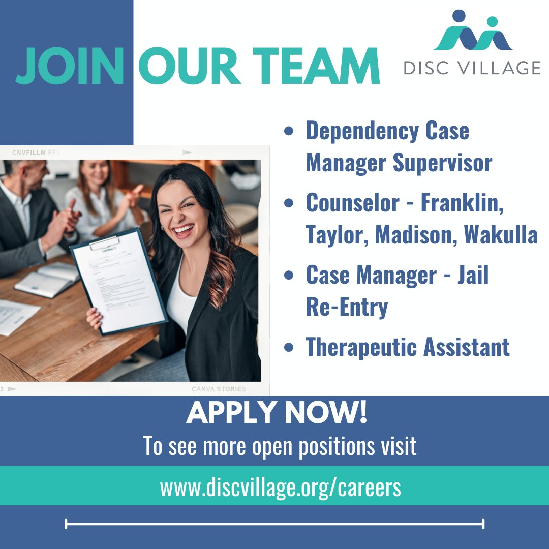 We are looking for motivated individuals to join our team. To see all open positions, visit discvillage.org/careers 
#discvillage #jobopporuntity #applynow #casemanager #counselor #therapeuticassistant #joinourteam