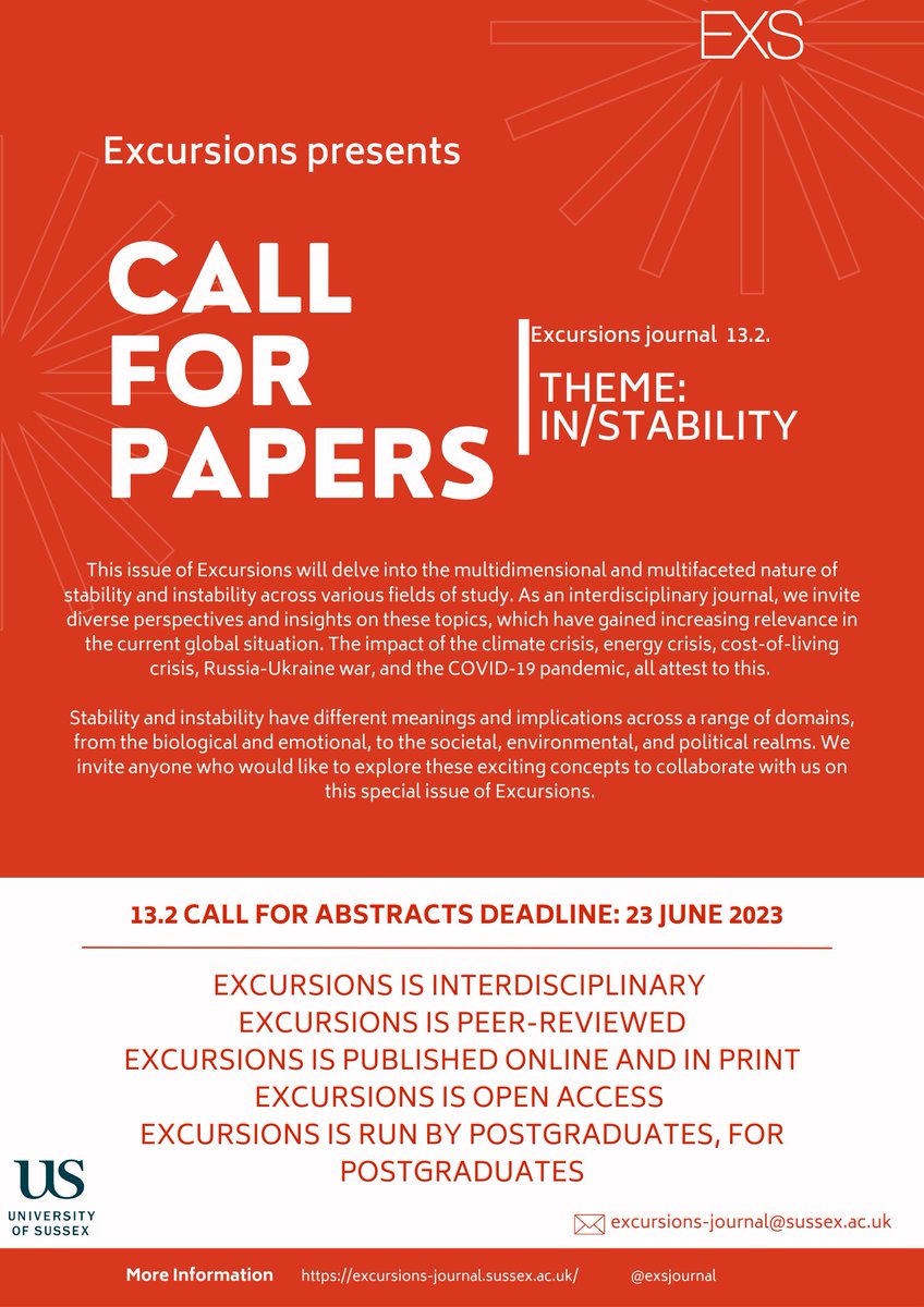 EXSJournal's tweet image. Call for papers for 13.2. Theme: IN/STABILITY. Find out more at excursions-journal.sussex.ac.uk/index.php/excu….