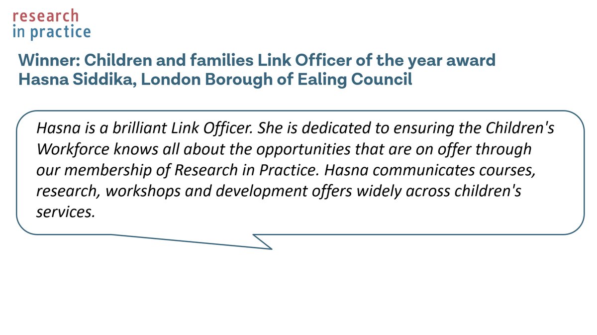 researchIP's tweet photo. Hasna Siddika of is the winner of the Children and families Link Officer of the year award for the way that she is embedding the use of Research in Practice resources at @EalingCouncil #LOAM23 https://t.co/iA0Xz2GCDK