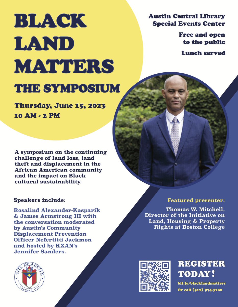 Join us on June 15 <a href="/AustinPublicLib/">Austin Public Library</a> as we explore the ongoing challenges black communities face regarding land ownership. We will examine available resources to help secure black land ownership in the face of ongoing land loss. More info at: bit.ly/blacklandmatte…