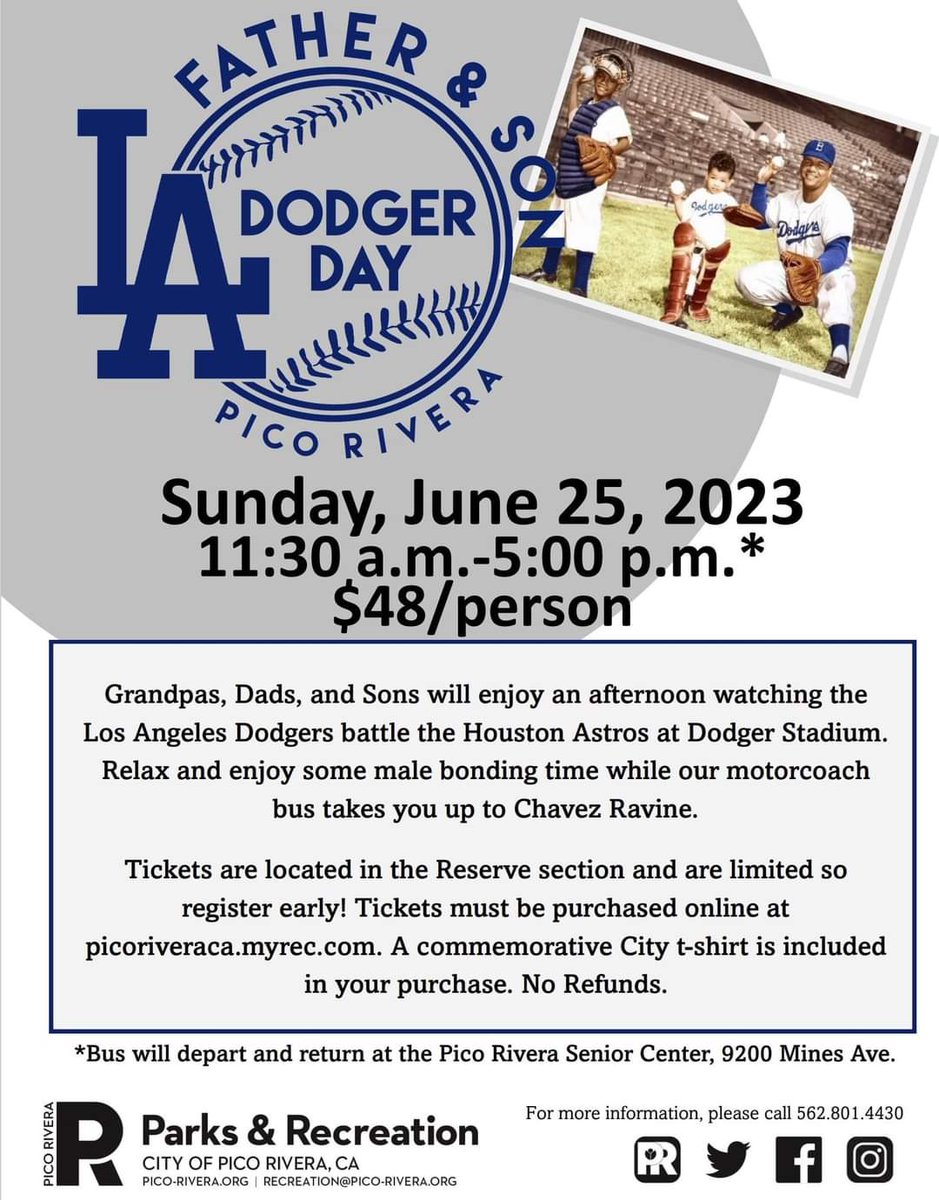 PicoRiveraCity's tweet photo. Celebrate Father’s Day by taking your dad/son out to the ball game watching the Dodgers battle the Houston Astros at Dodger Stadium.

Tickets must be purchased online at https://t.co/h8bhGbzjJq
DEADLINE to register is June 15.

For more information, call 562.801.4430. https://t.co/0DZZTeWcQV