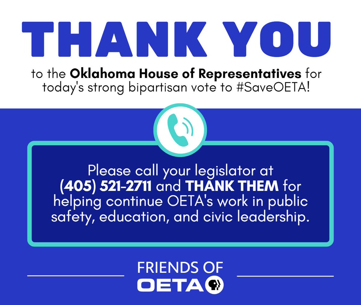 👏 THANK YOU 👏 to the Oklahoma House of Representatives for today's strong bipartisan vote to #SaveOETA! 

Please call your State Representative at (405) 521-2711 and THANK THEM for helping continue <a href="/OETAOK/">OETA</a>’s critical work in public safety, education, and civic leadership.