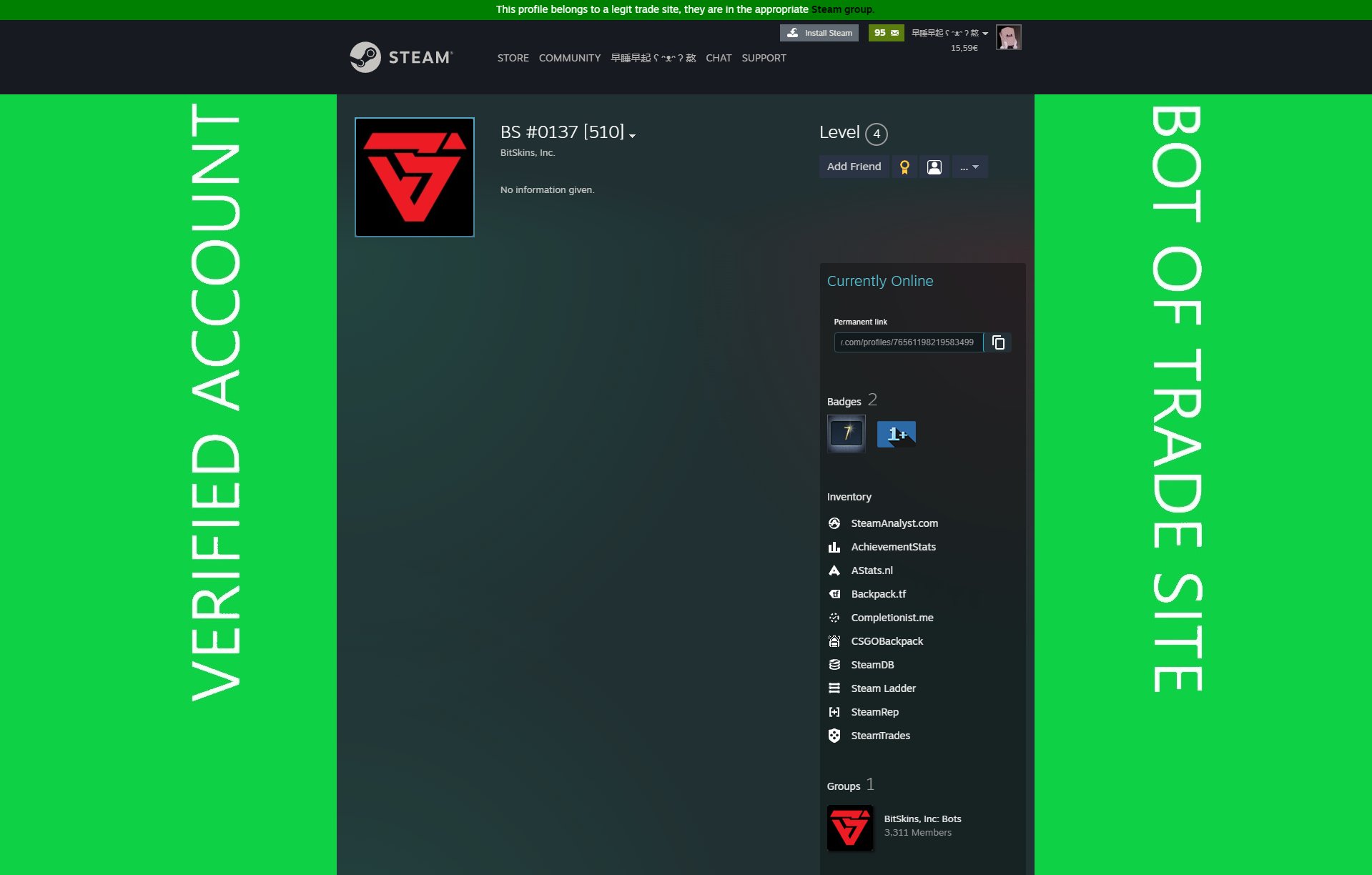 BitSkins.com on X: Together with t.coig4JdKmaOT, we have come up  with a new way to keep our community safe. 🦺 Since May 2023, we flagged  all BitSkins Bots (and competitors) with a