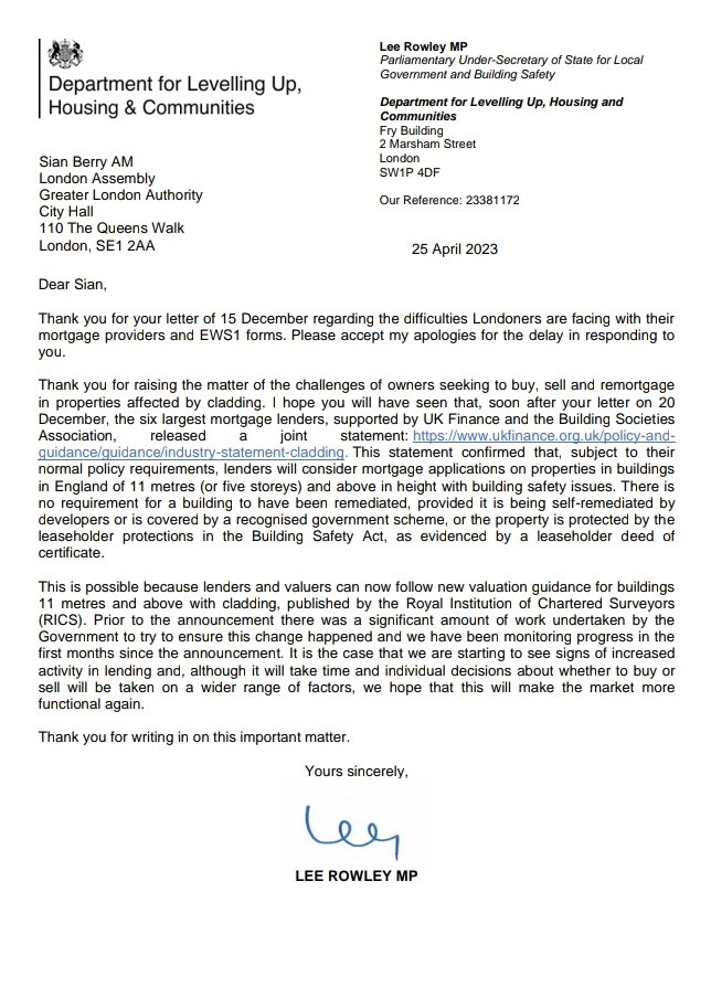 Thank you @sianberry for writing to the Minister about the ongoing issues leaseholders face to access lending. 👉london.gov.uk/letter-dluhc-a… ❌ Unfortunately @Lee4NED's response fails to acknowledge that lenders are NOT upholding their commitment to lend on flats with cladding 👇