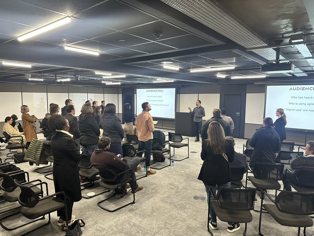 SUGSA's tweet photo. @MikeFreislich: "who here has heard of 'Agile'?" 
Getting people on their feet tonight at @DeloitteAfrica 
#SUGSA 
#Connectingagile https://t.co/jtZ99XKPxn