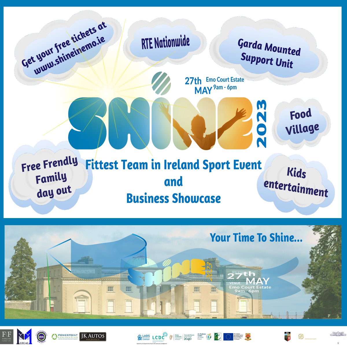 𝐉𝐮𝐬𝐭 𝟐 𝐃𝐚𝐲𝐬 𝐥𝐞𝐟𝐭...
Going to be☀️
RTE Nationwide 
Garda Mounted support Unit
Fittest Team
Businesses showcase
Food Village
Kids entertainment and all that in the scenic grounds of Emo Court
See you there!
Free tickets at eventbrite.ie/e/shine-2023-t…
