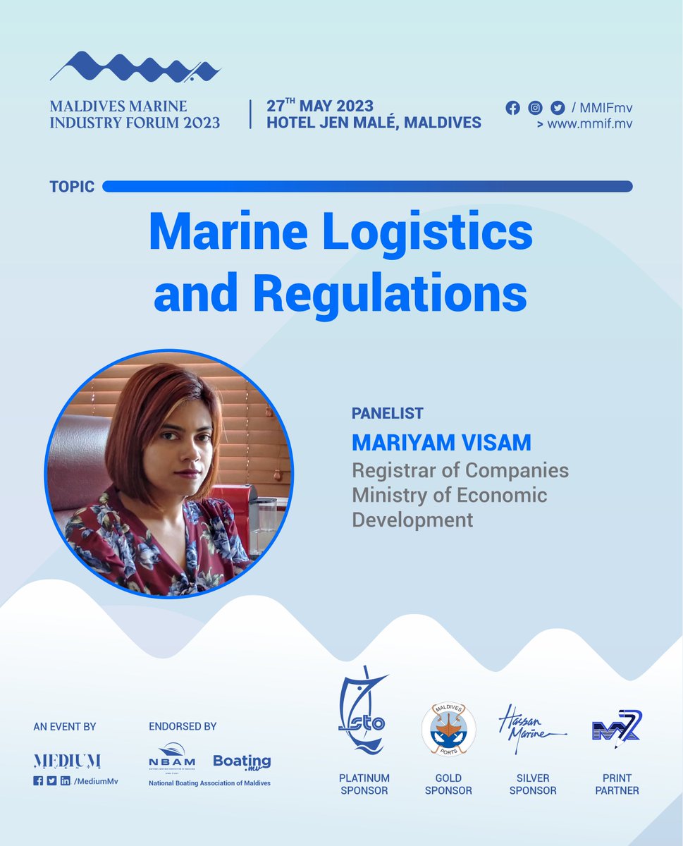 MMIFMv's tweet photo. Introducing our Speakers & Panelists for the first Maldives Marine Industry Forum :
- Ms. Mariyam Visam, Registrar of Companies, @MoEDmv
Topic: Marine Logistics and Regulations
@stoplc @boatingmv @hmesolutions @M7Print @medium_mv
#MMIF #Maldives #Marine #Forum https://t.co/mOs7iwMvFe