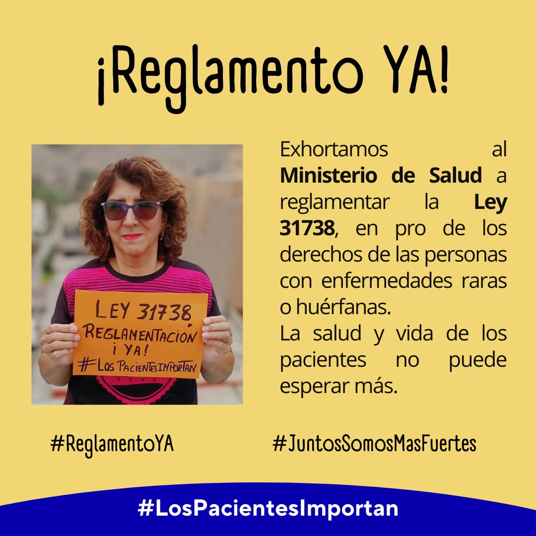 los_pacientes's tweet photo. #URGENTE
📢Exhortamos al @Minsa_Peru a reglamentar la Ley N° 31738, en pro de los derechos de las personas con #EnfermedadesRaras o huérfanas. La salud y vida de los pacientes no puede esperar más.
@PeruMarfan 
#LosPacientesImportan  #ReglamentoYA https://t.co/eLUl4ovEBq