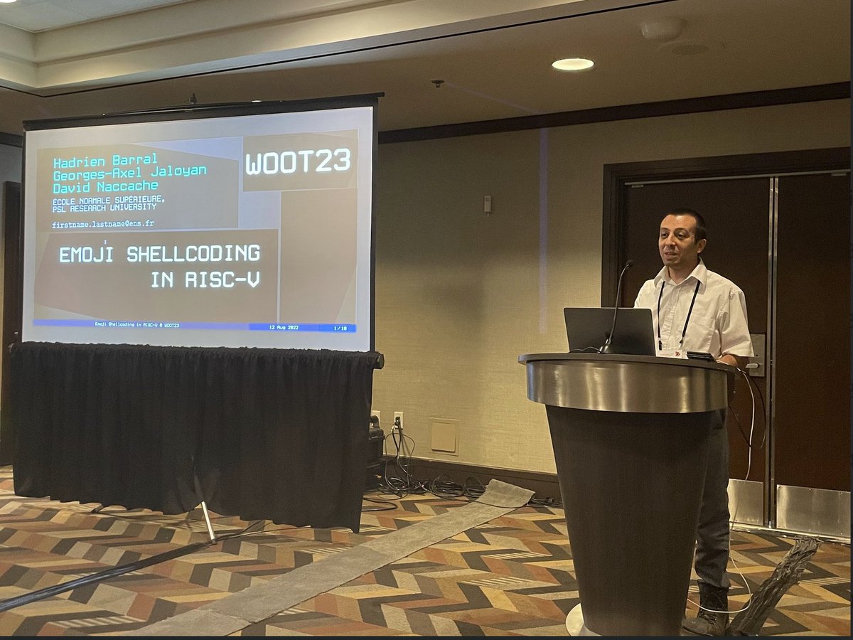 First session!

"Reflections on Trusting Docker: Invisible Malware in Continuous Integration Systems"

"ROPfuscator: Robust Obfuscation with ROP" <a href="/peperunas/">Giulio - peperunas@infosec.exchange</a> 

"GPThreats-3: Is Automatic Malware Generation a Threat?" <a href="/MarcusBotacin/">Marcus Botacin</a> 

"Emoji shellcoding in RISC-V" <a href="/gajaloyan/">Georges-Axel Jaloyan</a>
