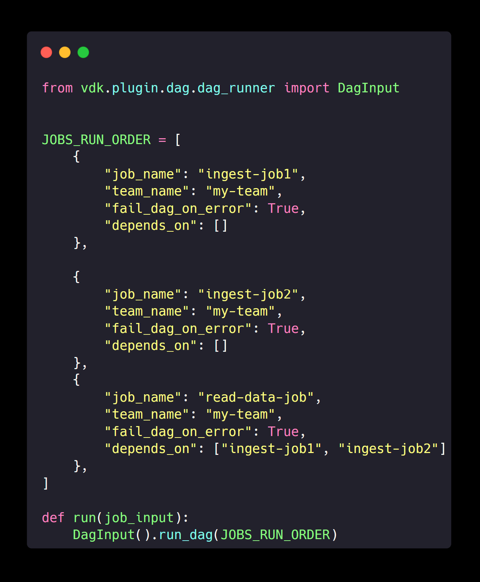 zverulacis's tweet photo. Setting dependencies between #datajobs is this simple with @VDKProject DAGs

Full example: https://t.co/NCjtsuUHLE https://t.co/Nv9dMS9Rwv