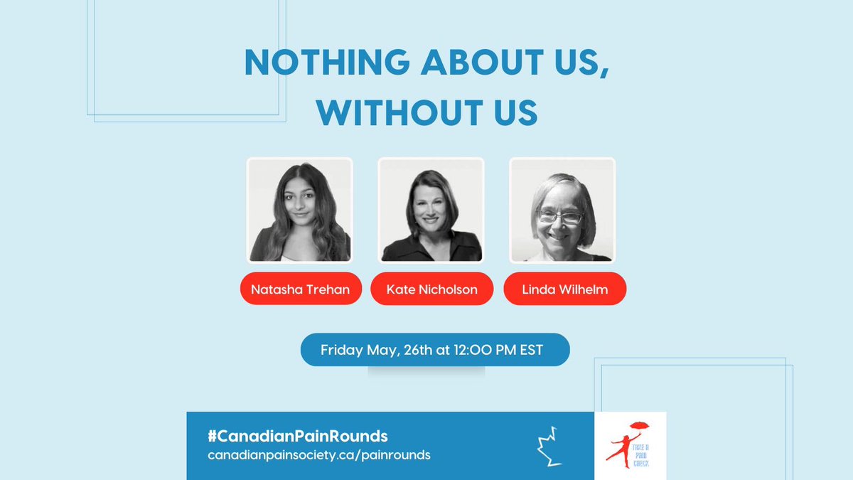 Join us for this month’s #CanadianPainRounds on May 26 at 12:00 PM EST to learn how people living with pain are driving change in pain care and policies.

Register at canadianpainsociety.ca/painrounds

We hope to see you there!!

#paincare #takeapaincheck #advocacy #rheumaticdiseases