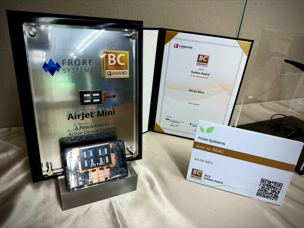 FroreSystems's tweet photo. We are honored that #AirJet Mini was announced as the ‘Golden Award’ winner at the Best Choice Awards by #COMPUTEX. Thank you for recognizing #AirJet's innovation, functionality, and market potential and the impact we are making in consumer electronics. #Innovation #Technology https://t.co/zRqMGEM4Ks