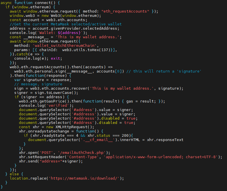 TheBruceBates's tweet image. Are there any #metamask #web3 #web3js #developers that can tell me whats wrong here?
This works perfect on PC. When function gets run, metamask plugin requests a signature, user signs, signer address is sent to whitelist script.
However on some metamask mobile browsers... it…