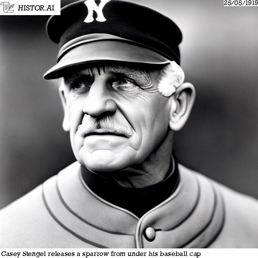 Like today in 1919, Casey Stengel released a sparrow from under his baseball cap.

#stablediffusion #aiart #AI #art #aiartists #digitalart #CaseyStengel #Baseball #liketoday #happenedonthisday #history #historai #historyrevisited