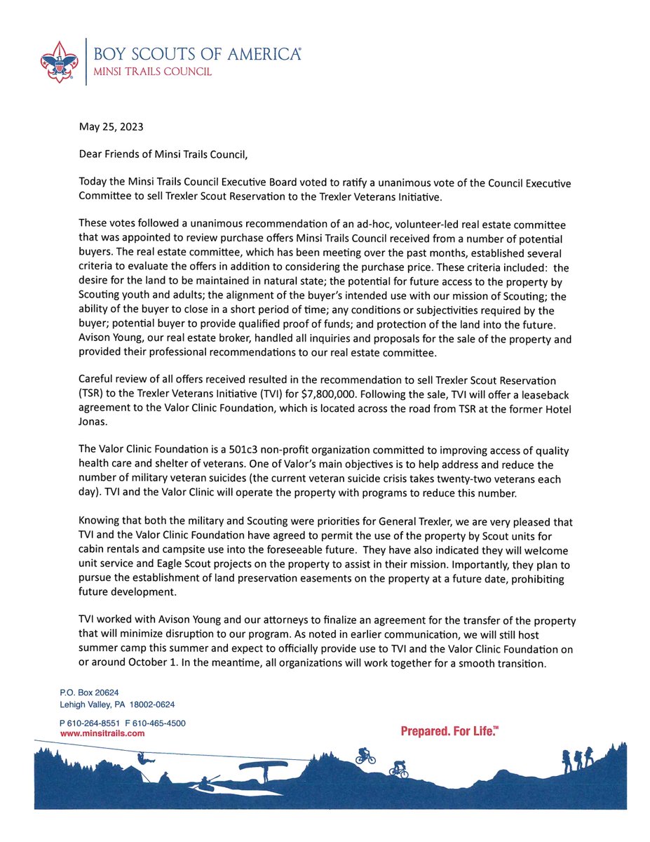 minsitrailsbsa's tweet image. Attached is a memo from the Council Key 3 regarding the sale of Trexler Scout Reservation.