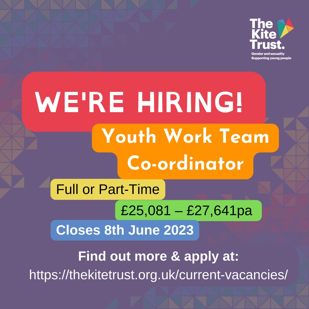 TheKiteTrust's tweet photo. We’re hiring! Vacancies for a Youth Work Team Co-ordinator and Youth Work Assistants at The Kite Trust. Check out our website for more information. https://t.co/9qjmhRV87u https://t.co/YDy6bpdLM7