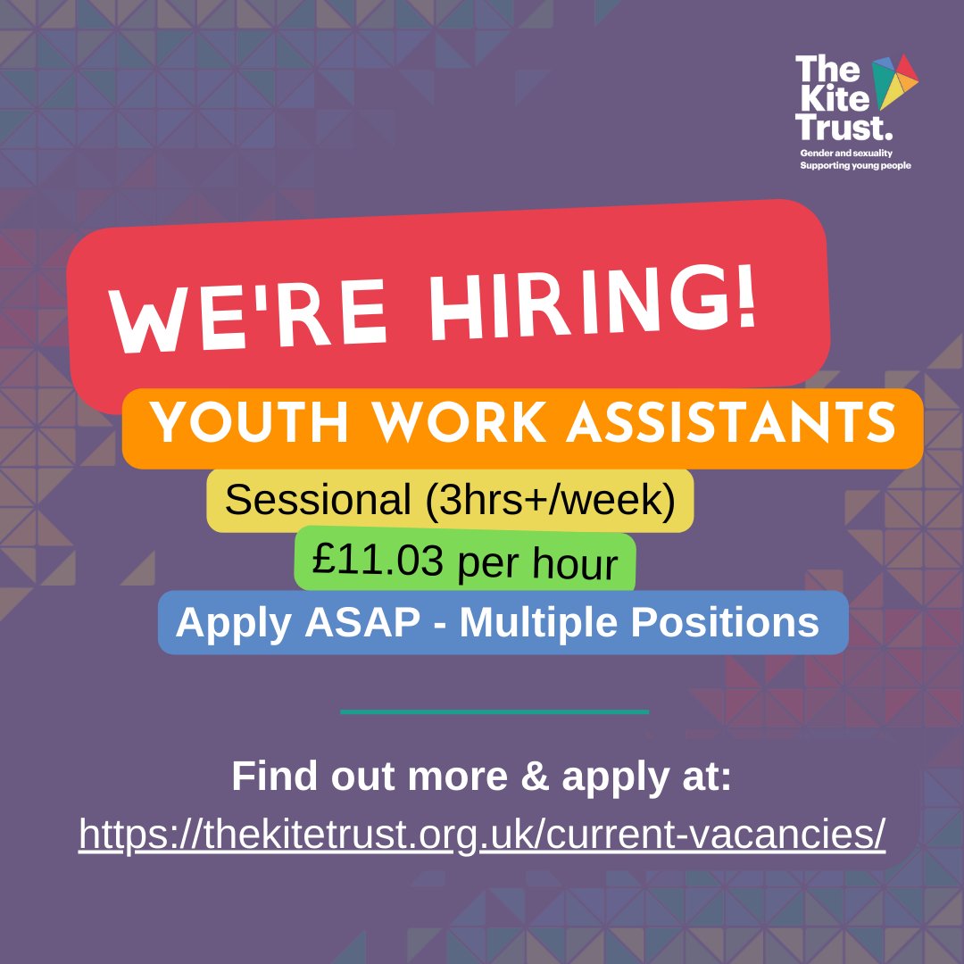 TheKiteTrust's tweet photo. We’re hiring! Vacancies for a Youth Work Team Co-ordinator and Youth Work Assistants at The Kite Trust. Check out our website for more information. https://t.co/9qjmhRV87u https://t.co/YDy6bpdLM7