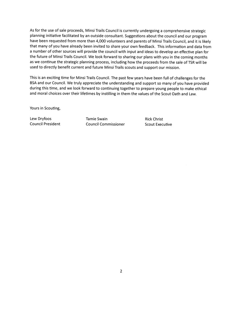 minsitrailsbsa's tweet image. Attached is a memo from the Council Key 3 regarding the sale of Trexler Scout Reservation.
