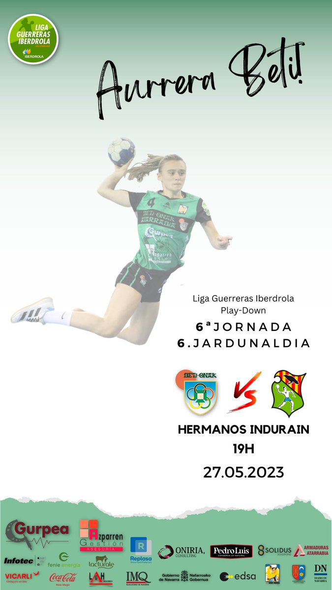 Replasa Beti-Onak (@beti_guerreras) on Twitter photo 🧩 Solo nos falta una pieza, ¡AYÚDANOS!
📍 Hermanos Indurain
📅 Sábado, 27 de mayo
⏰ 19h
🆚 <a href="/BMGranollers/">BM Granollers</a>
📺 youtube.com/watch?v=o7NJC8…
💪 #AurreraBeti 💚🖤 🧩 Solo nos falta una pieza, ¡AYÚDANOS!
📍 Hermanos Indurain
📅 Sábado, 27 de mayo
⏰ 19h
🆚 <a href="/BMGranollers/">BM Granollers</a>
📺 youtube.com/watch?v=o7NJC8…
💪 #AurreraBeti 💚🖤