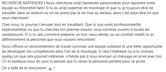 RDEENB_Emploi's tweet photo. Le #Moonshin'hers recherche un Bartender ! 
https://t.co/FNK9DUXS19
#EmploiNB https://t.co/6c9EcskrpS