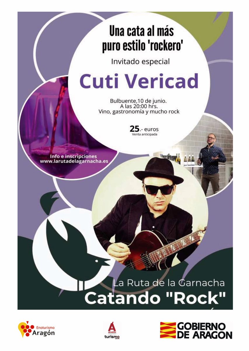¡Pues ya van quedando menos plazas! Rock + vino + gastronomía = A un buen rato para desconectar, pasarlo bien y aprender de vinos y rock, muuuuucho rock, de la mano de #CutiVericad Próximo día 10 de junio, en Bulbuente. Aforo limitado. Reservas e info en larutadelagarnacha.es