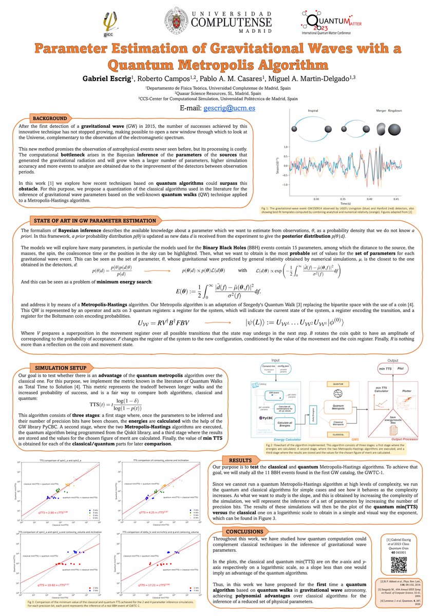 GICC_group's tweet photo. At @QuantumConf, Gabriel Escrig presented his poster about using the Quantum Metropolis Solver (QMS) to parameter estimation in Gravitational Waves. https://t.co/PHMjkJcWKW
