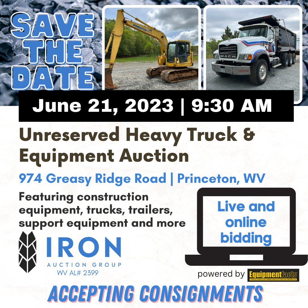 📅 Date: Wednesday, June 21st at 9:30 am EST
📍 Location: 974 Greasy Ridge Road, Princeton, WV
Join us on June 21, 2023 in Princeton, WV or online for our public auction featuring a wide range of heavy equipment and trucks!  #EquipmentAuction #TruckAuction #Auction #PrincetonWV