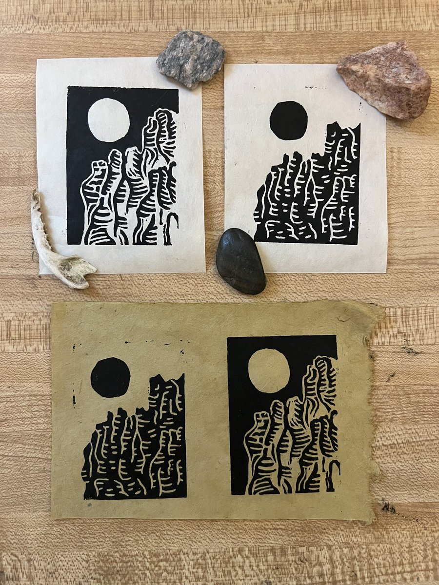 DaniOutside's tweet photo. Unsure about how to carve the rocks in the bigger desert block I’m working on- so making mini prints! And still unsure which one I like better, it’s like choosing my favorite cat. https://t.co/7ASk1NLQS9