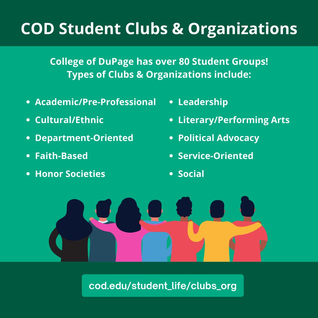 CODCareerCenter's tweet photo. #CollegeofDuPage has over 80 #Student Clubs providing you with more ways to connect, share interests, &amp; practice important skills outside the classroom with your peers to enhance your #Life &amp; #Education. View #COD Student Clubs here: https://t.co/8ssW1aEXvo #Chaps #CODStudentLife https://t.co/wStxWeEDLa