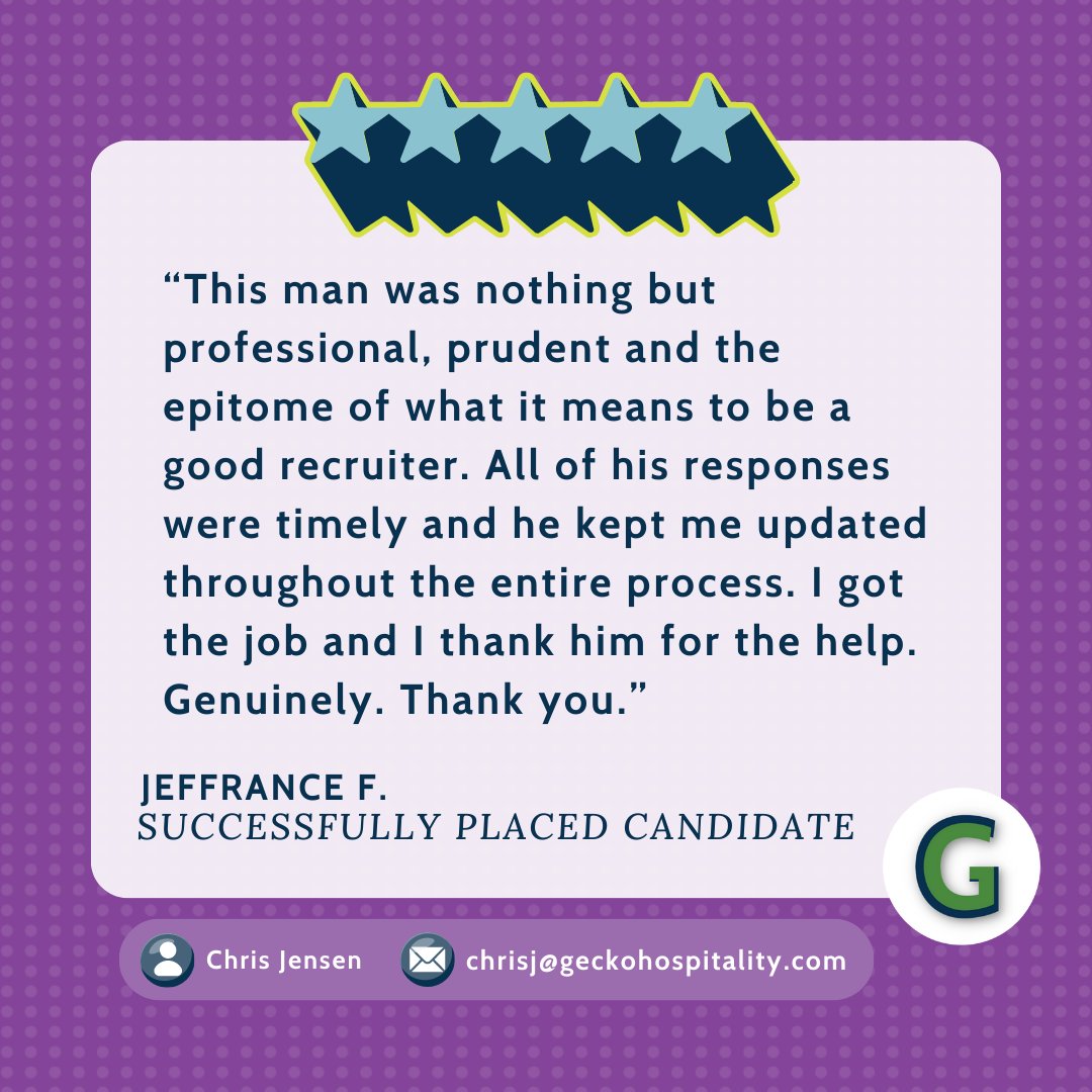 Wow Chris!!  Fantastic review!!

#hospitality #restaurantmanager #restaurant #restaurantcareers #headhunter #recruiter #recruiting #talent #career #hotel #resort #club #countryclub #hr #humanresources #candidate #hiring #texasjobs #geckohospitality