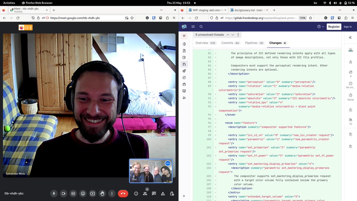 Continuing discussion on color management in Wayland (after x.com/tonroosendaal/…). Getting amazing feedback from <a href="/blender_org/">Blender</a> and <a href="/GIMP_Official/">GIMP</a>: "really glad this has been so well thought out, a great job from the Wayland developers!"