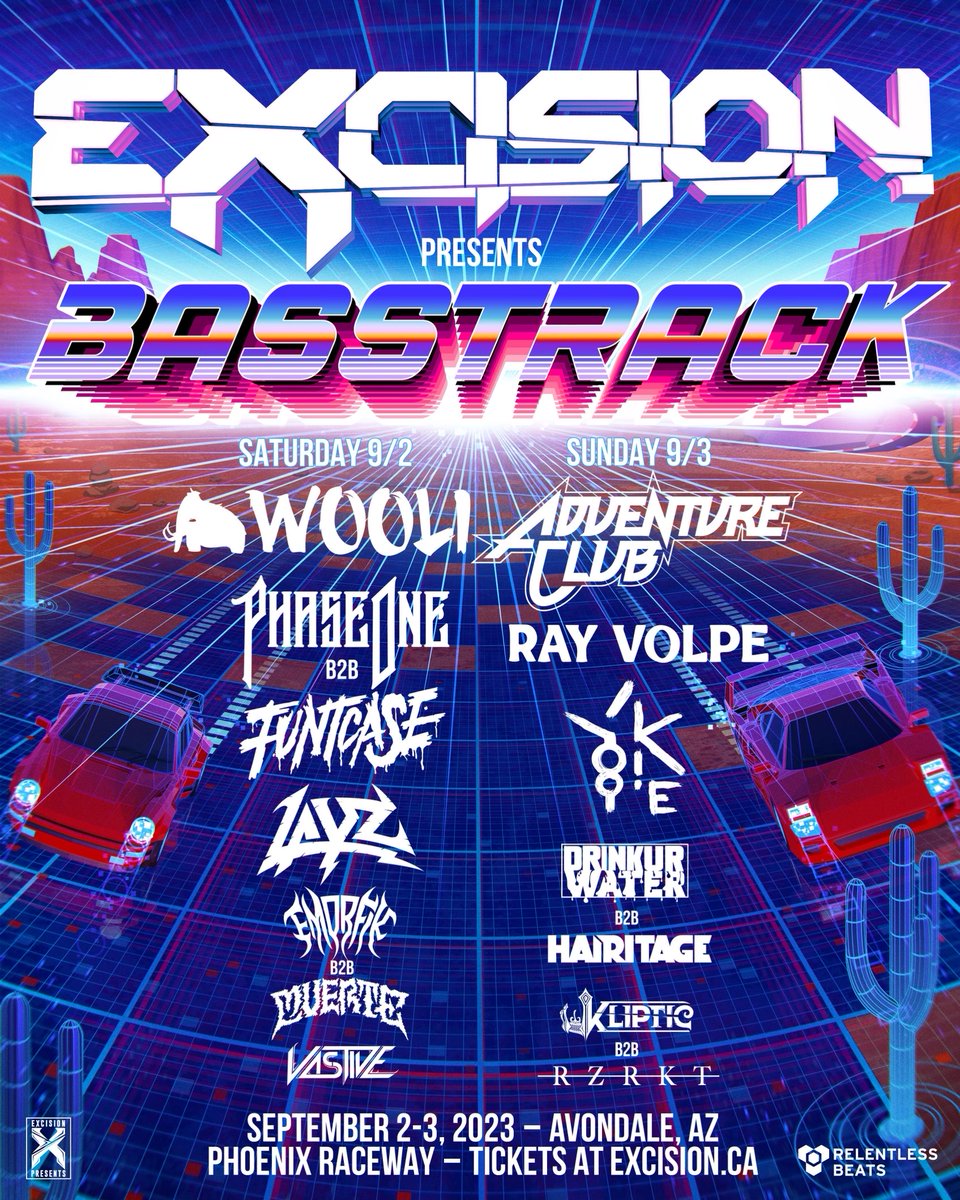 Excision's tweet photo. Basstrack is on sale NOW! 🏁This 2-day lineup is stacked, grab your tix fast! https://t.co/VOQ5lSwWyv