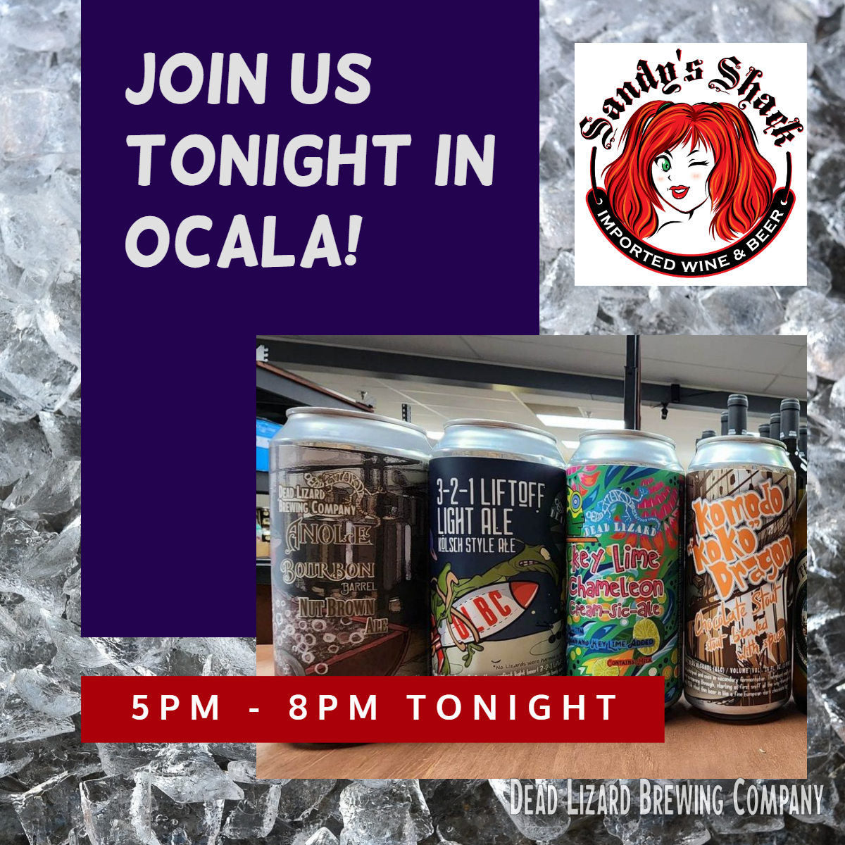 We can't wait to see everyone tonight at Sandy's Shack in Ocala from 5-8PM!

You can also find us at Korean Gogi Grill, Royal Palms Wine & Tapas, & Shiloh's Steak & Seafood Restaurant. deadlizardbrewing.com/locator

#deadlizardbrew #craftbeerlife #craftbeergeek #localbeer #beertasting