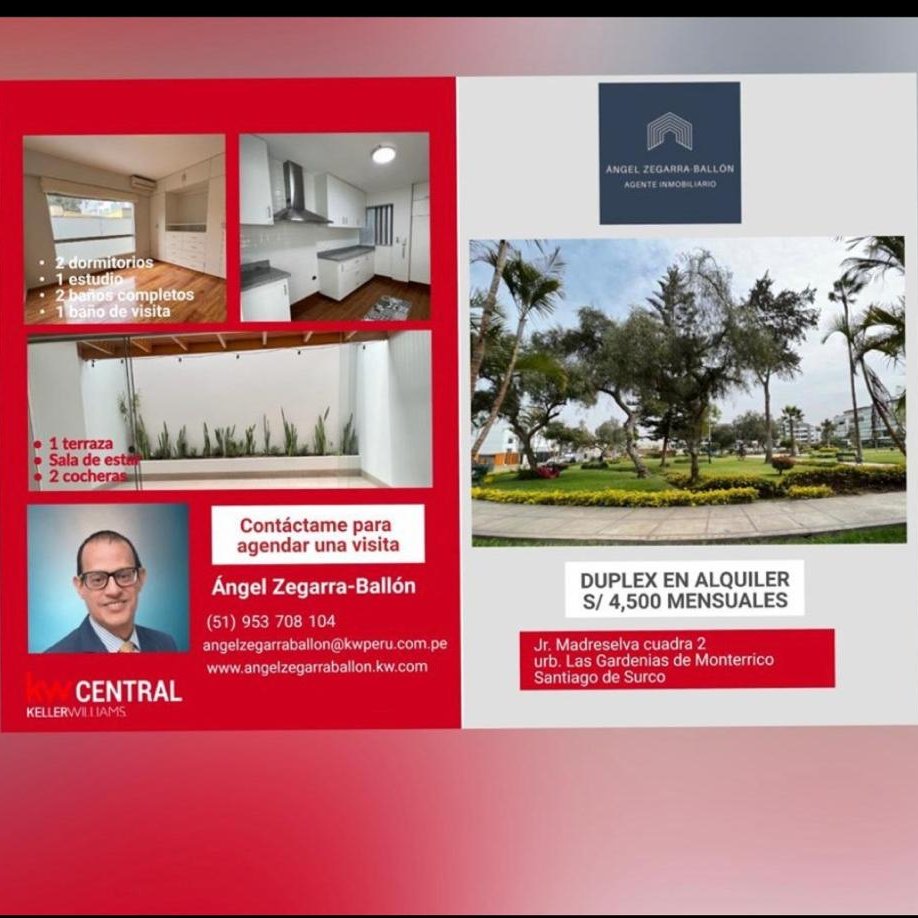 AngelZBP's tweet image. ALQUILER dúplex 139m2 primer piso SURCO
2 dormitorios + estudio + sala de estar + 2 cocheras frente a parque privado
Alquiler 4,500 Soles
Mantenimiento 660 Soles
Jr. Madreselva - Surco
más informes 📲 953 708 104
#alquileres #SantiagodeSurco #duplexenalquiler #angelzegarraballon