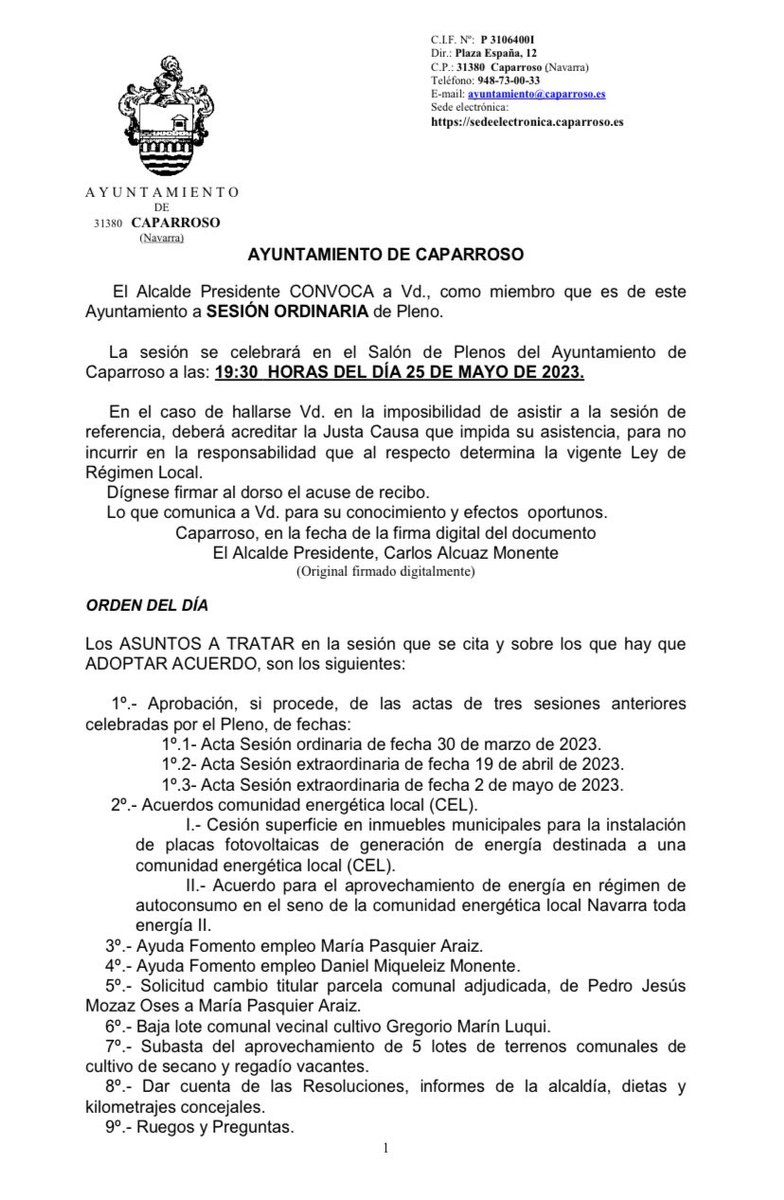 📌 Esta tarde, a las 19,30h, SESIÓN ORDINARIA en el Salón de Plenos del Ayuntamiento de Caparroso con el siguiente orden del día:
